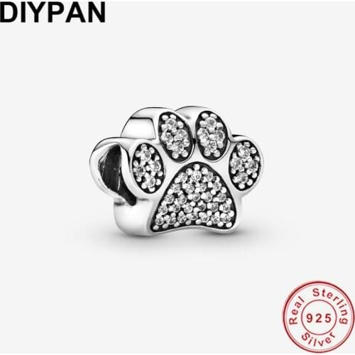 925 Sterling Silver Sparkling Paw Print Charm Fit Pandora Original Bracelet Charm Silver 925 Jewelry Berloque Bangle Pendant