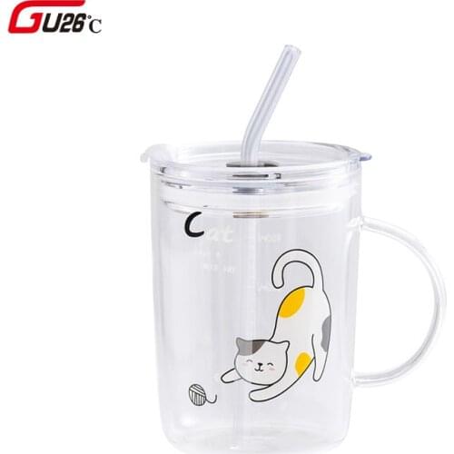 Cute Cat Glass Pattern Glass With Straw Kitchen Juice Milk Tea Coffee Wine Creative Cup Gift For Childen Gift Water Mug