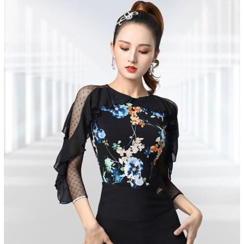 Sexy Female Upper Clothing Adults Latin Dance Top Lotus Leaf Long Sleeve Print Top Standard Dance Practise Tops For Women DL6712
