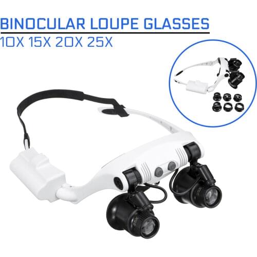 10X 15X 20X 25X LED Magnifier Double Eye Glasses Loupe Lens Professional Jeweler Watch Repair Measurement with 8 Lens LED lamp