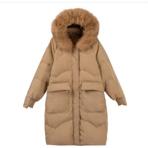 Winter 2021 Korean Version Parka Outerwear Women Heavy Hair Collar Pure Color Pocket Loose Long Hooded White Duck Down Jacket