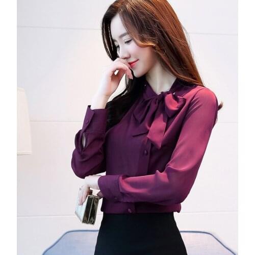 2021 New Spring Autumn Women Chiffon Long Sleeve Blouses Female Bow OL Shirt Elegant Tops Purple White Clothes Feminina Blusas