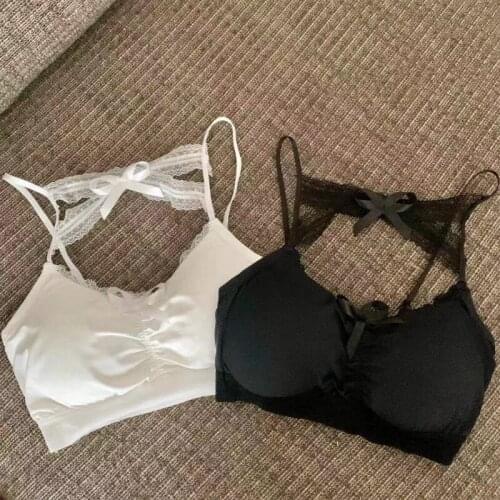 2021 New Women Sexy Cross Lace Halter Bralette Sweet Bowknot Front Ruched Camisole Crop Top with Chest Pad Solid Color Backless