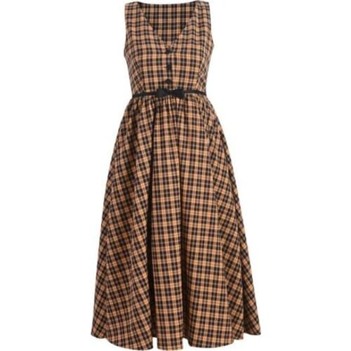 French style summer vintage plaid spaghetti strap dress women v-neck high waist slim a-line dress