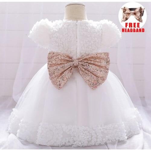 2021 Ceremony Baptism White 1st Birthday Dress For Baby Formal Sequin Flower Princess Girl Dress Ball Gown Party Clothes Vestido