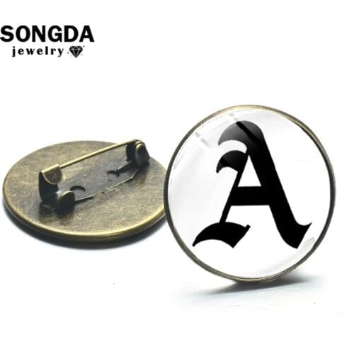 SONGDA Old-fashion 26 English Letters Brooches Initial Name A-Z Picture Glass Cabochon Lapel Pins Bag Clothes Decorative Jewelry