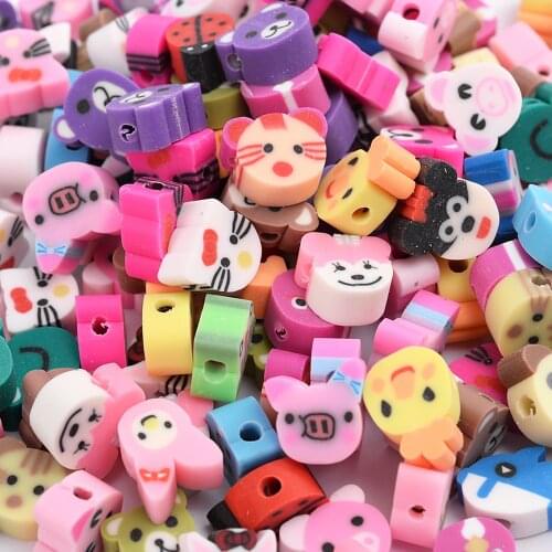 30/50/100Pcs Mix Animal Polymer Clay Beads Bear Cat Fox Panda Mouse Cow Pig Shape Spacer Beads for Jewelry Making Bracelet Gift