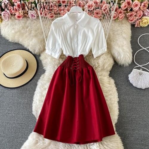 CEANLOVE Mesh Mujer Autumn2021Fake 2pcs Color Contrast Sweet Women Dress Short Sleeve White Tops A-Line High Waist Mid-calf19885