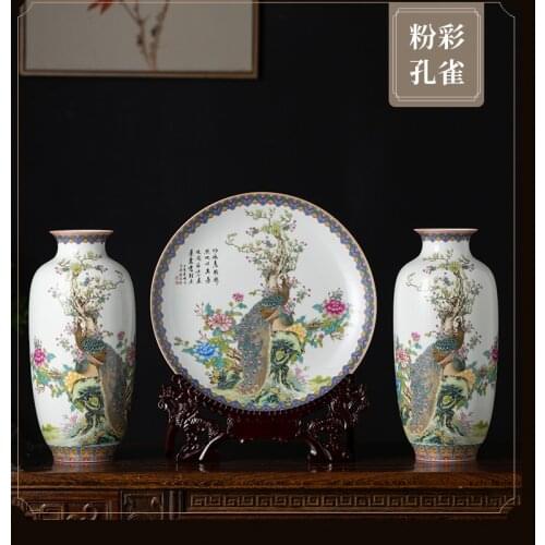 Jingdezhen Ceramic Flower Plate Vase Set Modern Home Vase Decoration Famille Rose Flower And Bird Handicraft Creative Ornament