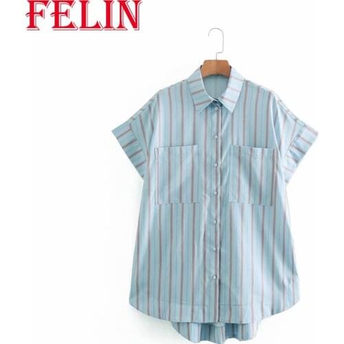 FELIN Women Summer Shirts Za Vertical Stripes Chic Loose Button Short Sleeve Mujer Tops 2021 Beach Casual Blouses