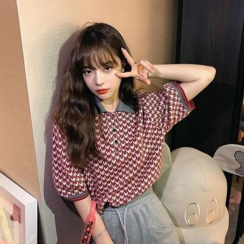 New Arrival Plaid Hit Color Women Knitted Sueter Mujer Korean Short Sleeve Vintage Pullovers Female Turn-Down Collar Sweaters