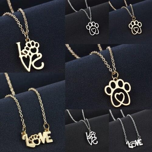 Charm I Love Paws Chain Necklace Cute Pets Dog Paw Claw Love Heart Pendant Women Girls Necklaces Pet Animal Lovers Jewelry Gifts