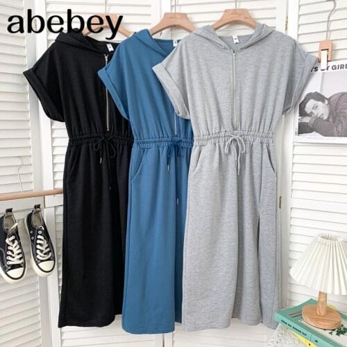 Fashion hooded collar long sleeve Dress high waist lace up zipper mid-length split A-line Dress 2021 New Summer