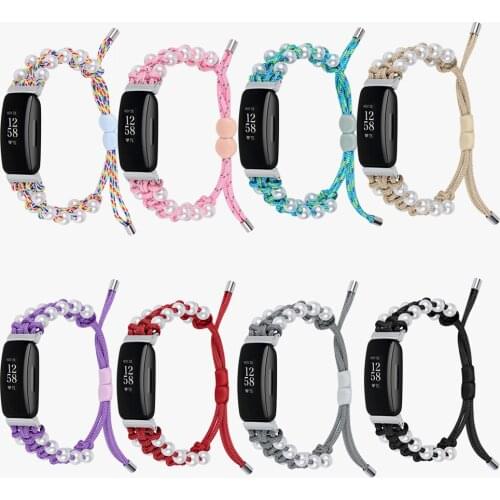 Colorful Braided Rope Strap for Fitbit Inspire HR Bracelet Adjustable Watchband Fabric Umbrella Cord Pearl Band for Inspire 2