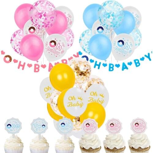 Pink Blue Baby One Tow Years Happy Birthday Latex balloons Banner Birthday Party Cake Flag Decor Supplies Toys for kids Globos