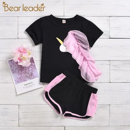 Bear Leader Girls Fashion Clothing Sets New Summer Girls Casual Suits Lace Cartoon Unicorn Top and Shorts Outfits Active Clothes