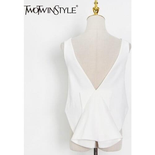 TWOTWINSTYLE White Patchwork Bowknot Vests For Women O Neck Sleeveless Backless Casual Tank Tops Females 2021 Summer Fashion New
