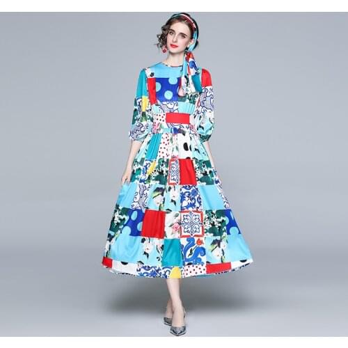 Vintage Polk Dot Color Block Holiday Dresses Large Swing Print Lantern Sleeve O-Neck Long Dresses Women Summer Long Dresses 2021