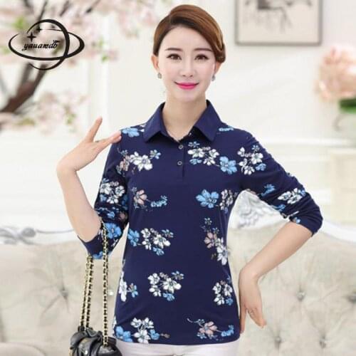 Yauamdb Women Polo Shirts Summer L-4xl Female Tops Tees Print Long Sleeve Loose Buttons Flower Fashion Ladies Clothes Ly59