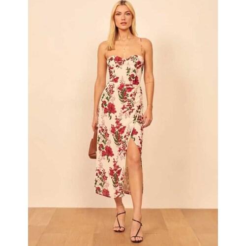 Yinlinhe Backless Strap Long Dress Irregular Split Gathered Sexy Dress Summer Vintage Slim Red Floral Party Dresses Women 2055