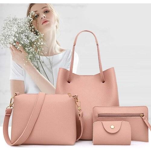 4Pcs Womens Lychee Texture Tote Crossbody Shoulder Bag Clutch Card Holder Pattern Leather Handbag