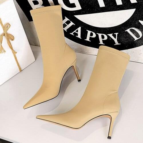 2021 Women 7.5cm 10cm High Heels Silk Sock Boots Plus Size 43 Short Ankle Boots Lady Stripper Winter Low Heels Designer Shoes