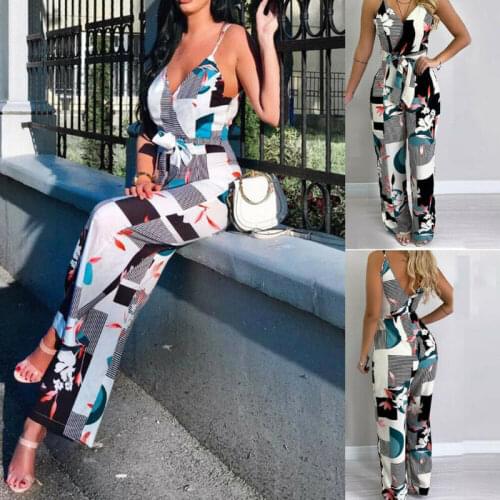 Fashion Women Sleeveless Floral Print V Neck High Waist Lace Up Backless Sexy Holiday Sports Casual Elegant Jumpsuits Rompers