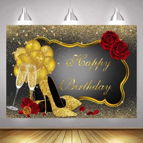 Gold Happy Birthday Party Photo Backdrop Custom Lady Rose Girls Shoes Decoration Photography Backgrounds Banner