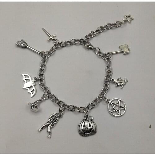 1pcs Witch Hat Skull Moon Cross Pumpkin Pagan Charms Wicca Pendant Chain Link Bracelet Halloween Jeawelry Gift For Women Men