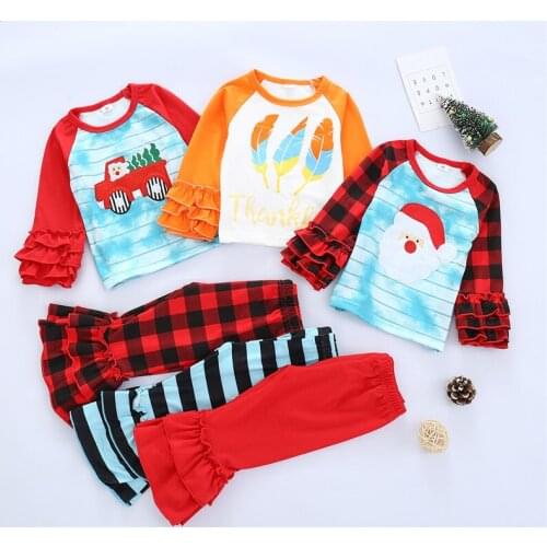 Toddler Girls 2 Pcs Christmas Outfits, Cute Printed Pattern Ruffle Sleeve Shirt Top + Flared Long Pant Clothes Sets 1-5Y