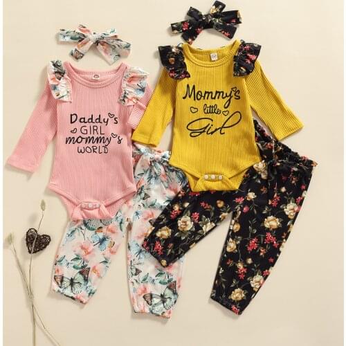 Spring Fall Baby Clohing Girls Long Sleeve Ruffle Letter Print Romper Tops Butterfly Long Pants Headband 3pcs Outfits Sets