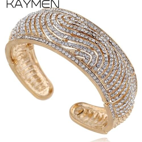 KAYMEN Fashion Full Rhinestones Cuff Bangle Golden Bracelet for Women Girl Wedding Party Prom Gift Jewelry 2 Colors