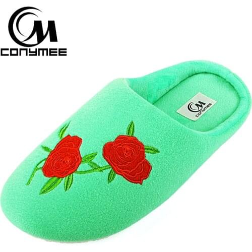 CONYMEE Soft Coral Velvet Home Slippers Women Winter Warm Indoor Flats Shoes Cute Embroidered Flowers Pantufa Cotton Slipper