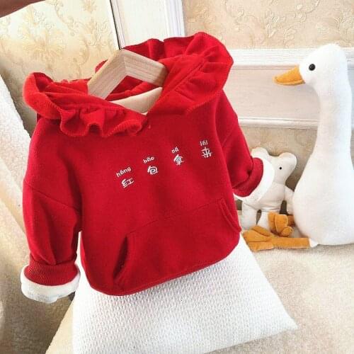 Kids New Year Clothes Toddler Girls Winter Thicken Warm Red Hoodies Child Baby Embroidery Plus Velvet Hooded Sweatshirt 2-7 Y