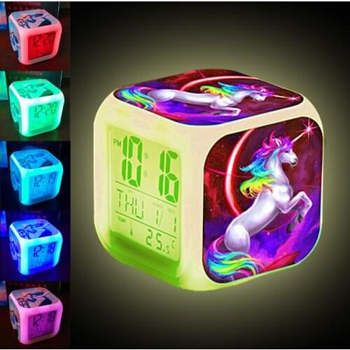 Kids Cute Cartoon Unicorn Alarm Clock 7 Colors Changing Night Light Led Digital Alarm Clocks Student Desk Clock with Thermometer