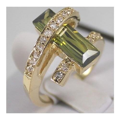 Good >> Hot '' golden GOLD Jewelry olive green Crystal Ring Size :7 8 9
