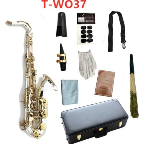 T-WO37 Tenor Saxophone Bb Tune Musical Instruments Silver Plated Body Gold Lacquer Key Sax With Case Mouthpiece Free Shipping