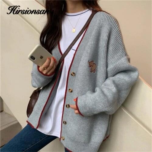 Hirsionsan V Neck Knitted Cardigan Women 2020 Spring Elephant Embroidery Graphic Sweater Chic Korean Oversized Ladies Clothes
