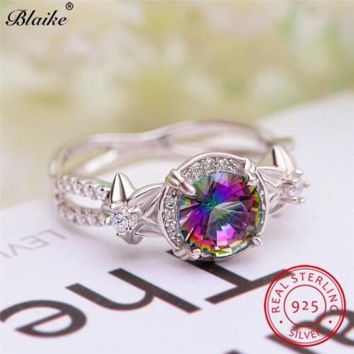 Real s925 Sterling Silver Ring Rainbow Fire Topaz Wedding Rings For Women Cute Blue Pink Zircon Star Flower Ring Engagement Cz
