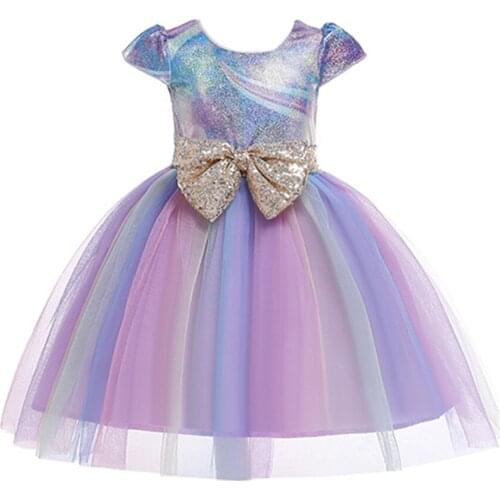Summer Baby Girls Short Sleeve Knotbow Voile Dress Toddler Kids Shiny Ball Grown Voile Party Dresses 2-10Y