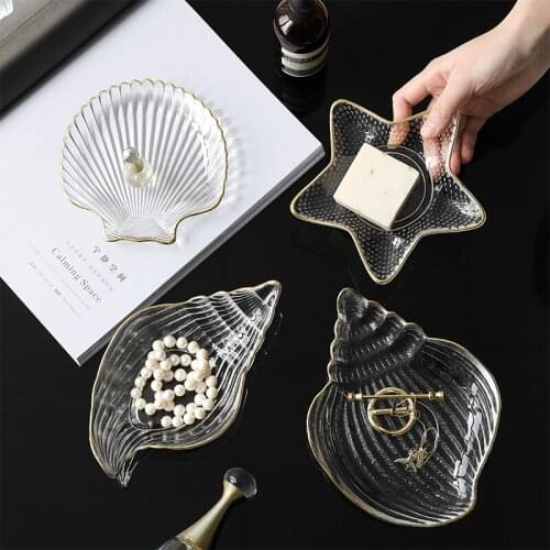 Small Glass Plates and Bowls Set with Glod Rim Nordic Ocean Dessert Fruit Plate Jewelry Storage Tray Decorative Trinket Dish