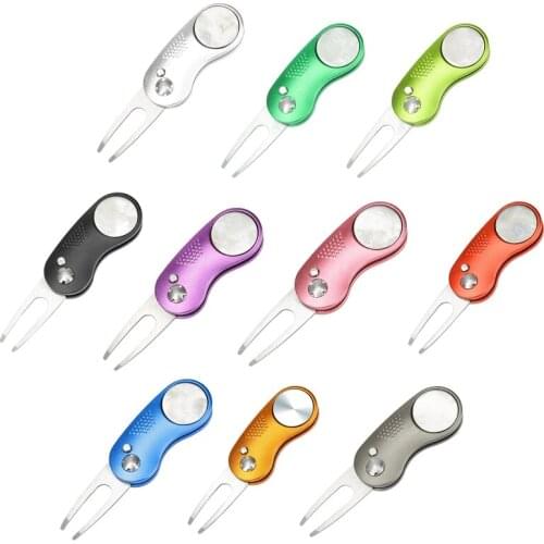 Stainless Steel Folding Golf Divot Repair Fork with Magnetic Button Pitch Groove Switchblade Remover Cleaner Pitchfork