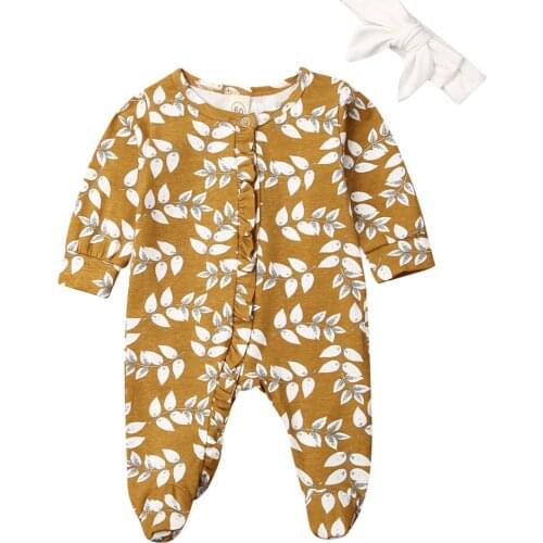 0-6M Newborn Baby Boy Girl Long Sleeve Ruffles Floral Footies Jumpsuit Playsuit Headband 2PCS Baby Clothes
