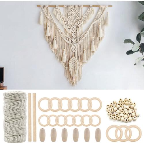 Macrame Cord Natural Cotton Rope m with Wood Ring Wood Stick for DIY Teether Macrame Kit Wall Hanging Plant Hanger Craft DIY Kit