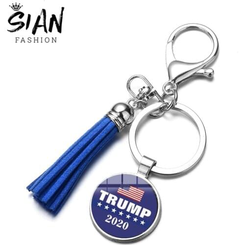 SIAN High Grade Trump 2020 Tassel Keychain Donald Trump Keep America Great USA Flag Silver Plated Lobster Clasp Key Chain Holder