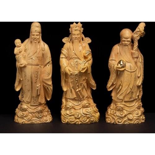 21CM Buddha San Xing Three Gods Statue Decoration Gods Wooden Figures Exquisite Home Feng Shui Carving Handicrafts
