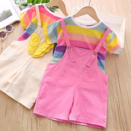 Thunderers Toddler Girl Clothes Rainbow Stripe T-shirt + Suspender Shorts 2pcs Suit New Summer Beach Kids Clothing Set For Girls