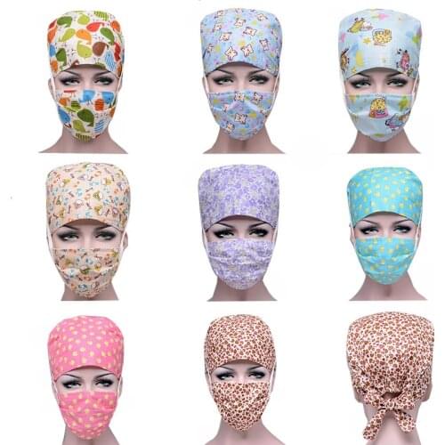 Unisex Nursing Scrub Cap Face Cover Sets Printed Cotton Sweatband Working Caps Beauty Salon Anti-dust Workwear Hats Accessories