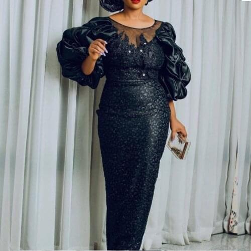 African Plus Size Evening Dresses Long Sleeves Beads Sheer Neck Mermaid Prom Dress Lace Pleats Aso Ebi robe de soirée de mariag