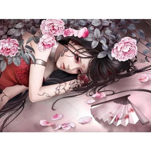 Cross-Stitch Needlework Peony Flowers Girl Cartoon Characters 14CT Unprinted DIY Cross Stitch Kits Handmade Arts Wall Decor